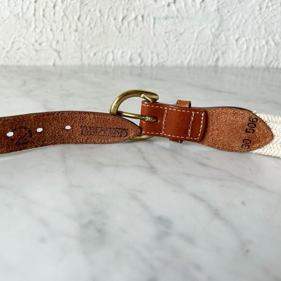 Vintage 90s Lands' End Brown Leather Belt Woven Cotton Off-White-Women's Size 30 - Picture 6 of 8
